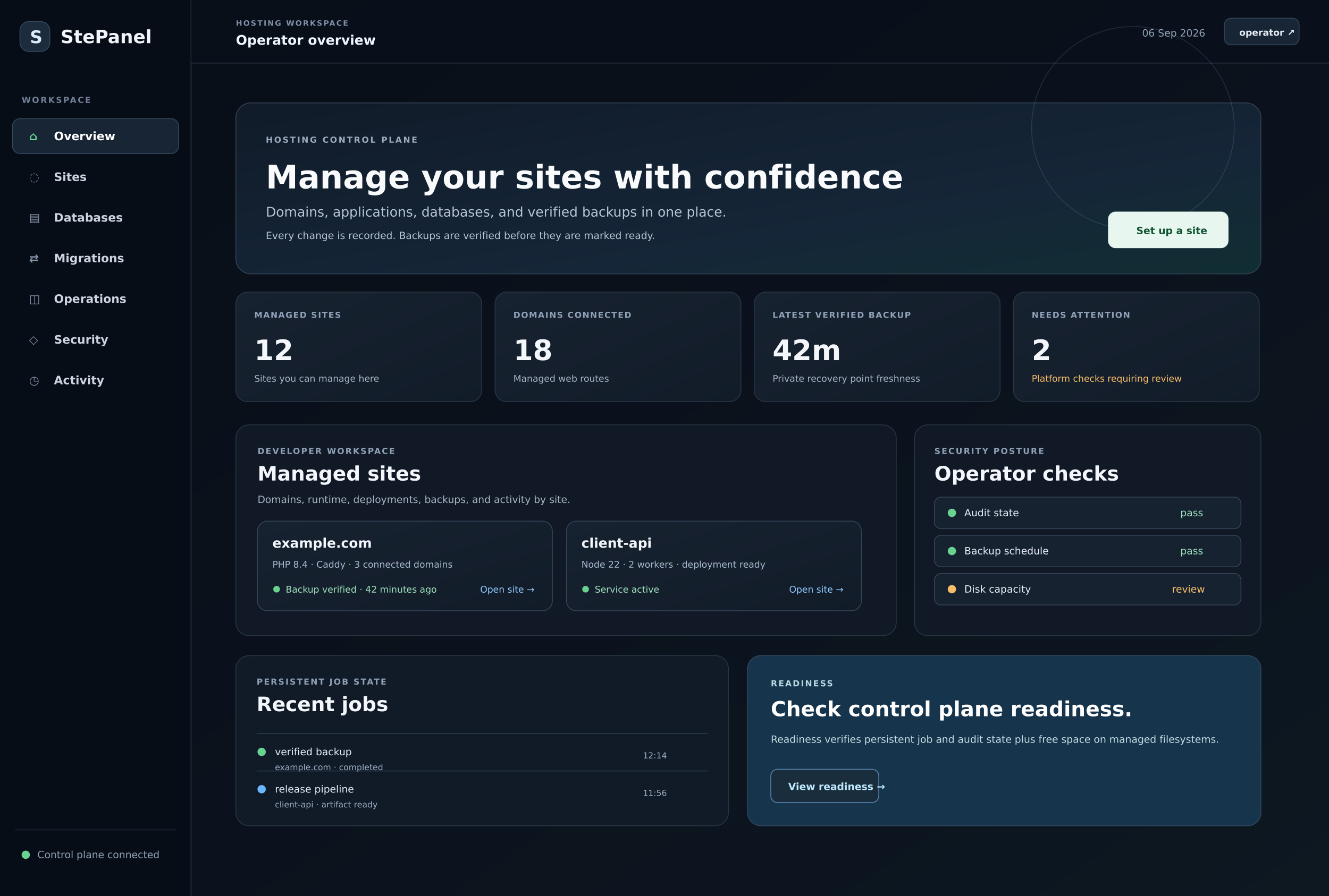 StePanel dashboard with health monitoring, job tracking and audit log